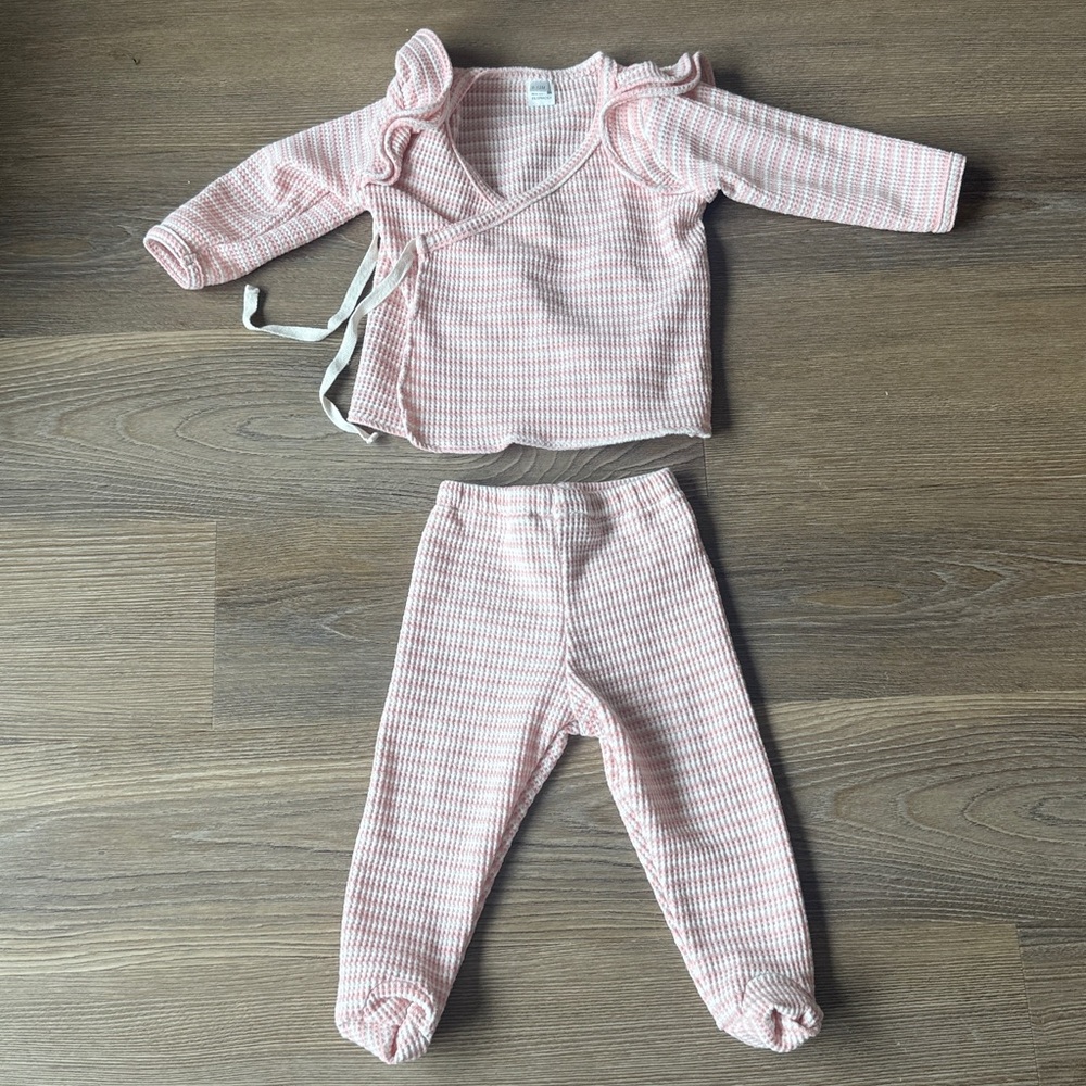Baby stretch cotton kimono style wrap ruffle top and footed pants set 6-12m